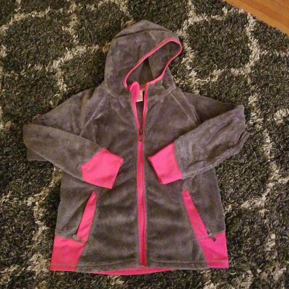 REI fuzzy zip up hooded jacket